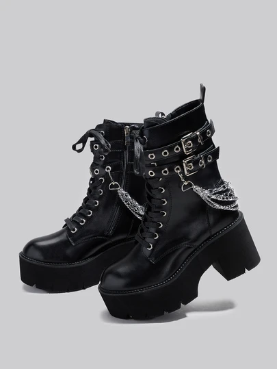 DareSee 女士欧式朋克风链条装饰细高跟黑色踝靴，适合派对、圣诞节、冬季等场合，是理想的圣诞礼物之选。