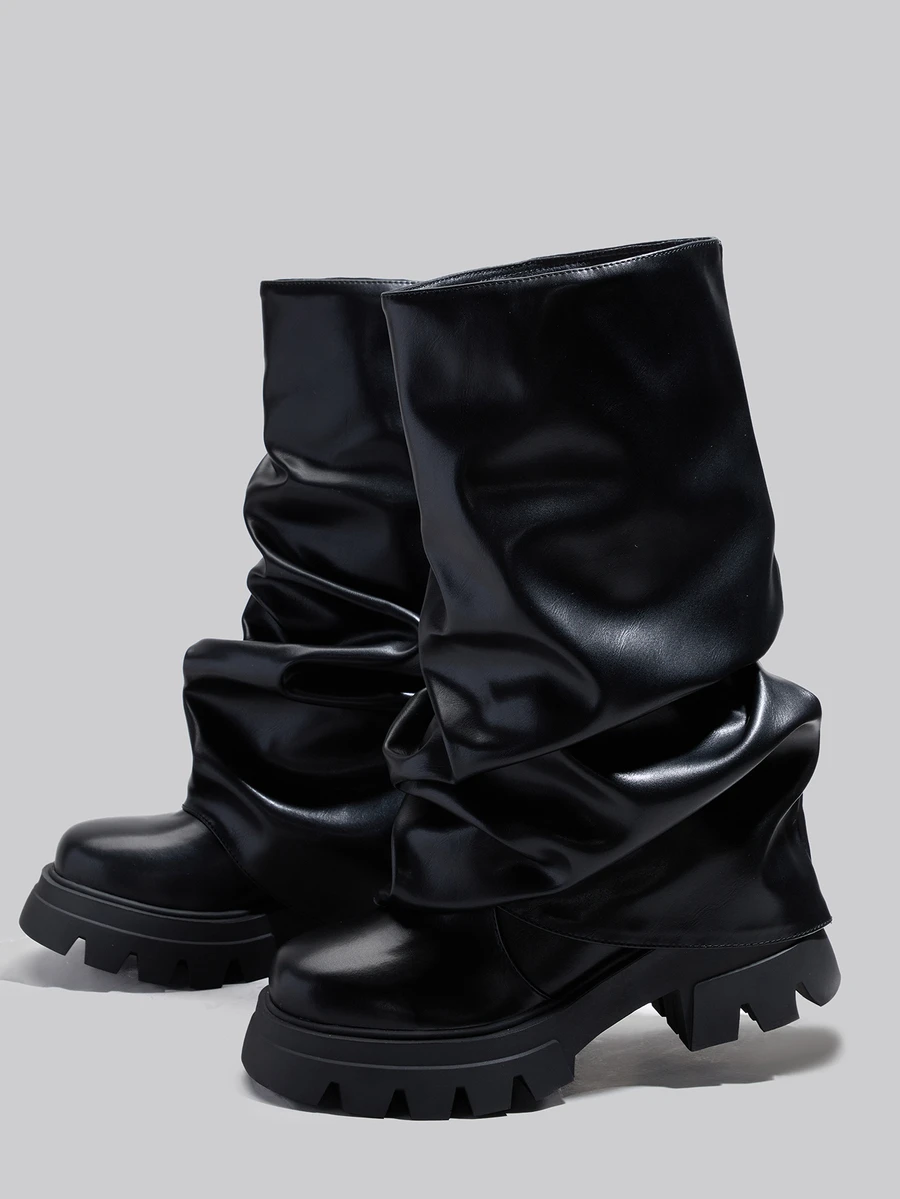 DareSee 新款圆头厚底银色褶皱套脚踝靴，时尚秀款，女士踝靴，徒步靴，冬季礼物，音乐节