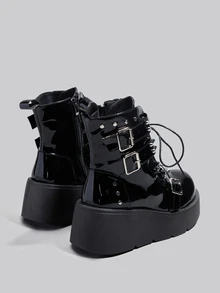 DareSee 转校生系列骷髅派对厚底朋克风厚底靴女式时尚亚文化短踝靴圣诞节冬季圣诞礼物 - 黑色 - 查看 4