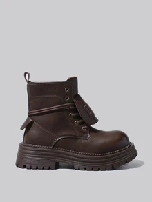 DareSee 女士时尚短靴、踝靴、黑色靴子、棕色靴子、圆头字母装饰系带厚底短靴、复古风、英伦骑士靴、户外休闲冬季礼物音乐节 - 咖啡棕 - 查看 3