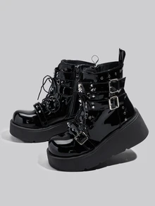 DareSee 转校生系列骷髅派对厚底朋克风厚底靴女式时尚亚文化短踝靴圣诞节冬季圣诞礼物 - 黑色 - 查看 1