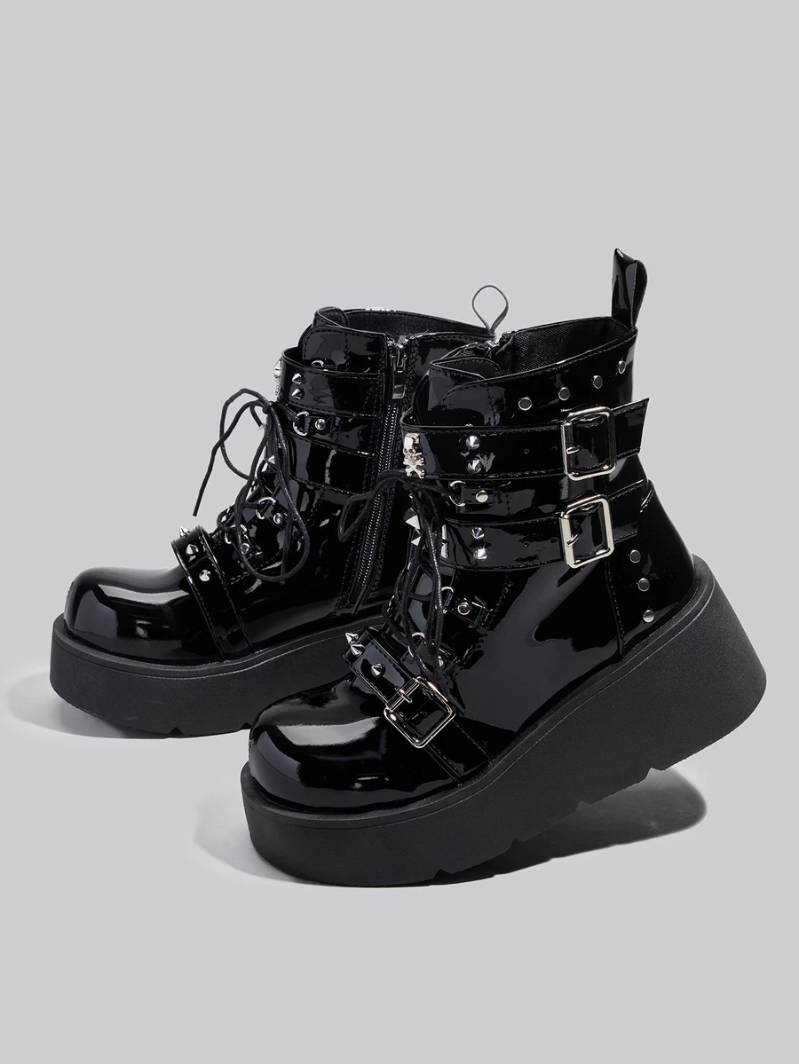 DareSee 转校生系列骷髅派对厚底朋克风厚底靴女式时尚亚文化短踝靴圣诞节冬季圣诞礼物 - 黑色 - 查看 1