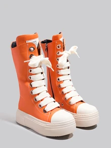DareSee Orange Mid Boots For Woman, Lace Up Casual Sports Boots, Flat Platform Combat Rock Boots, Fashion Ladies Sneakers Walking Shoes Winter Gifts - Orange - View 4