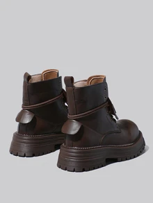 DareSee 女士时尚短靴、踝靴、黑色靴子、棕色靴子、圆头字母装饰系带厚底短靴、复古风、英伦骑士靴、户外休闲冬季礼物音乐节 - 咖啡棕 - 查看 4