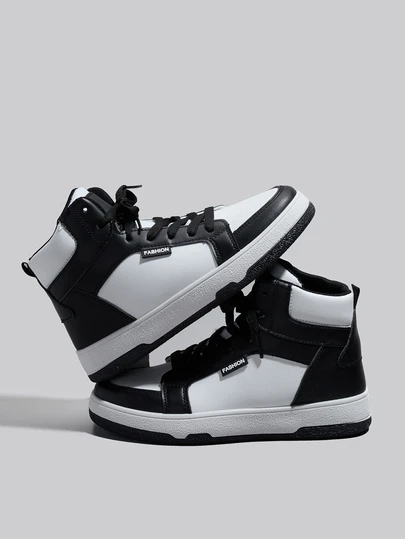 DareSee Sporty Skate Shoes For Women, Two Tone Letter Patch Decor Lace-Up Front High-Top Sneakers Winter Gifts