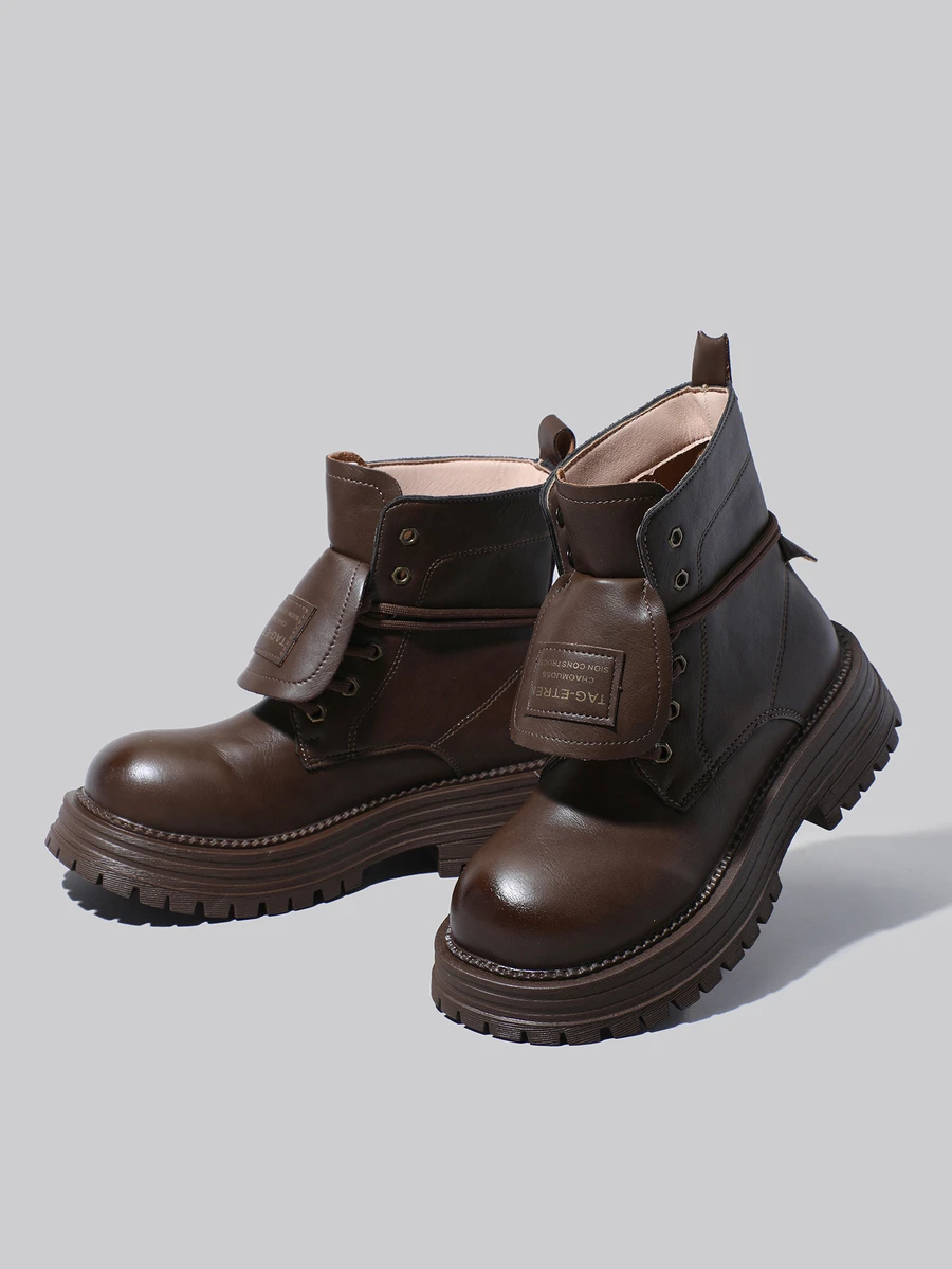 DareSee 女士时尚短靴、踝靴、黑色靴子、棕色靴子、圆头字母装饰系带厚底短靴、复古风、英伦骑士靴、户外休闲冬季礼物音乐节 - 咖啡棕 - 查看 1