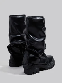 DareSee 新款圆头厚底银色褶皱套脚踝靴，时尚秀款，女士踝靴，徒步靴，冬季礼物，音乐节 - 黑色 - 查看 5