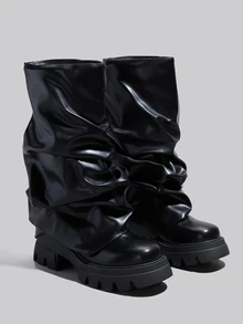 DareSee 新款圆头厚底银色褶皱套脚踝靴，时尚秀款，女士踝靴，徒步靴，冬季礼物，音乐节 - 黑色 - 查看 4