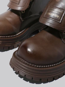 DareSee 女士时尚短靴、踝靴、黑色靴子、棕色靴子、圆头字母装饰系带厚底短靴、复古风、英伦骑士靴、户外休闲冬季礼物音乐节 - 咖啡棕 - 查看 5