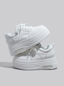 DareSee 1双女士舒适新款厚底坡跟运动鞋，圆头系带白色厚底运动鞋，轻便防滑黑色休闲鞋，圣诞节冬季圣诞礼物 - 白色 - 查看 2