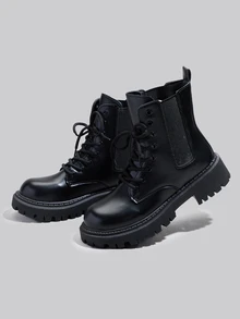 DareSee 女士时尚新款黑色踝靴，弹力系带圆头套脚靴，舒适真皮短靴，冬季礼物，音乐节佳选 - 黑色 - 查看 2