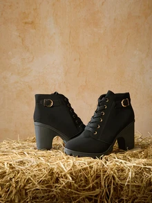 Tropiscape Elegant Women's Rhinestone Decor Fashion Lace-Up Zipper Side Chunky Heel Boots,Style With Tops Winter Gifts - Black - View 3