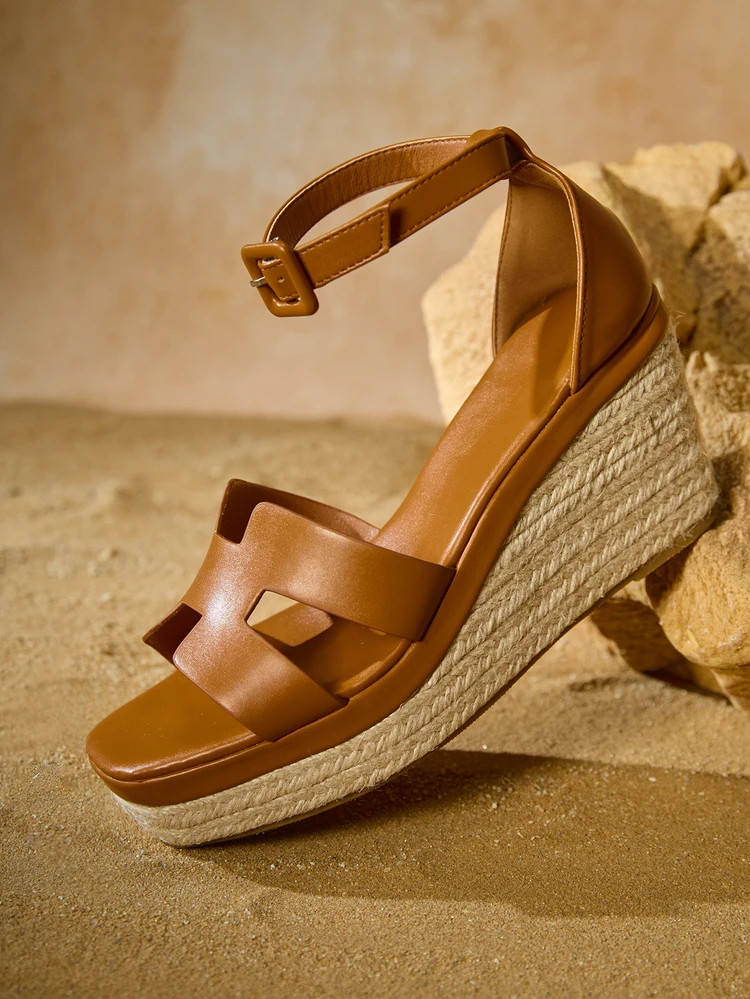 Tropiscape Women Fashionable Woven Strappy Thick Platform High Heel Sandals With Rope, Simple & Stylish, For Party And Gathering In Spring/Summer Winter Gifts Cottagecore,SummerOutfit - Brown - View 1