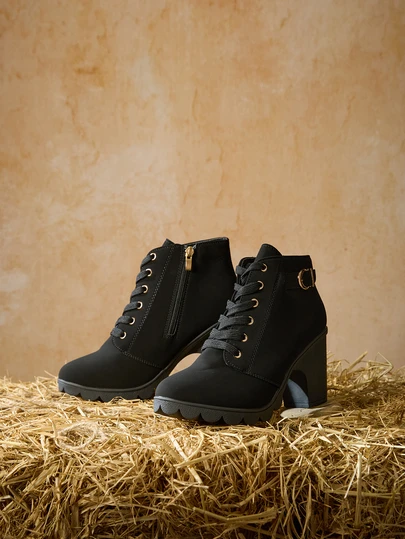 Tropiscape Elegant Women's Rhinestone Decor Fashion Lace-Up Zipper Side Chunky Heel Boots,Style With Tops Winter Gifts