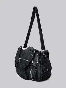 DareSee 宽敞女士复古仿皮手提包 - 时尚Y2K风格多口袋斜挎包，配有可拆卸肩带、拉链封口、纯色设计，适合日常使用的时尚单肩包，波西米亚风格女士包，2000年代时尚风格女士包，冬季礼物，音乐节必备 - 黑色 - 查看 5