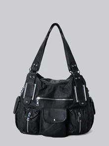 DareSee 宽敞女士复古仿皮手提包 - 时尚Y2K风格多口袋斜挎包，配有可拆卸肩带、拉链封口、纯色设计，适合日常使用的时尚单肩包，波西米亚风格女士包，2000年代时尚风格女士包，冬季礼物，音乐节必备 - 黑色 - 查看 2