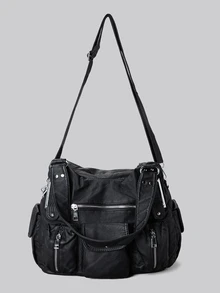 DareSee 宽敞女士复古仿皮手提包 - 时尚Y2K风格多口袋斜挎包，配有可拆卸肩带、拉链封口、纯色设计，适合日常使用的时尚单肩包，波西米亚风格女士包，2000年代时尚风格女士包，冬季礼物，音乐节必备 - 黑色 - 查看 3