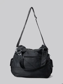 DareSee 宽敞女士复古仿皮手提包 - 时尚Y2K风格多口袋斜挎包，配有可拆卸肩带、拉链封口、纯色设计，适合日常使用的时尚单肩包，波西米亚风格女士包，2000年代时尚风格女士包，冬季礼物，音乐节必备 - 黑色 - 查看 4