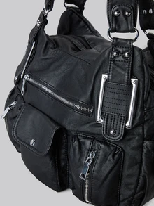 DareSee 宽敞女士复古仿皮手提包 - 时尚Y2K风格多口袋斜挎包，配有可拆卸肩带、拉链封口、纯色设计，适合日常使用的时尚单肩包，波西米亚风格女士包，2000年代时尚风格女士包，冬季礼物，音乐节必备 - 黑色 - 查看 6