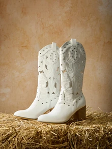 Tropiscape Bốt cao bồi miền Tây thêu rỗng phong cách retro mùa thu đông, cao gót dày, cao đến giữa bắp chân, bốt dài dành cho nữ, quà tặng Giáng sinh Giáng sinh mùa đông - trắng - Xem 3