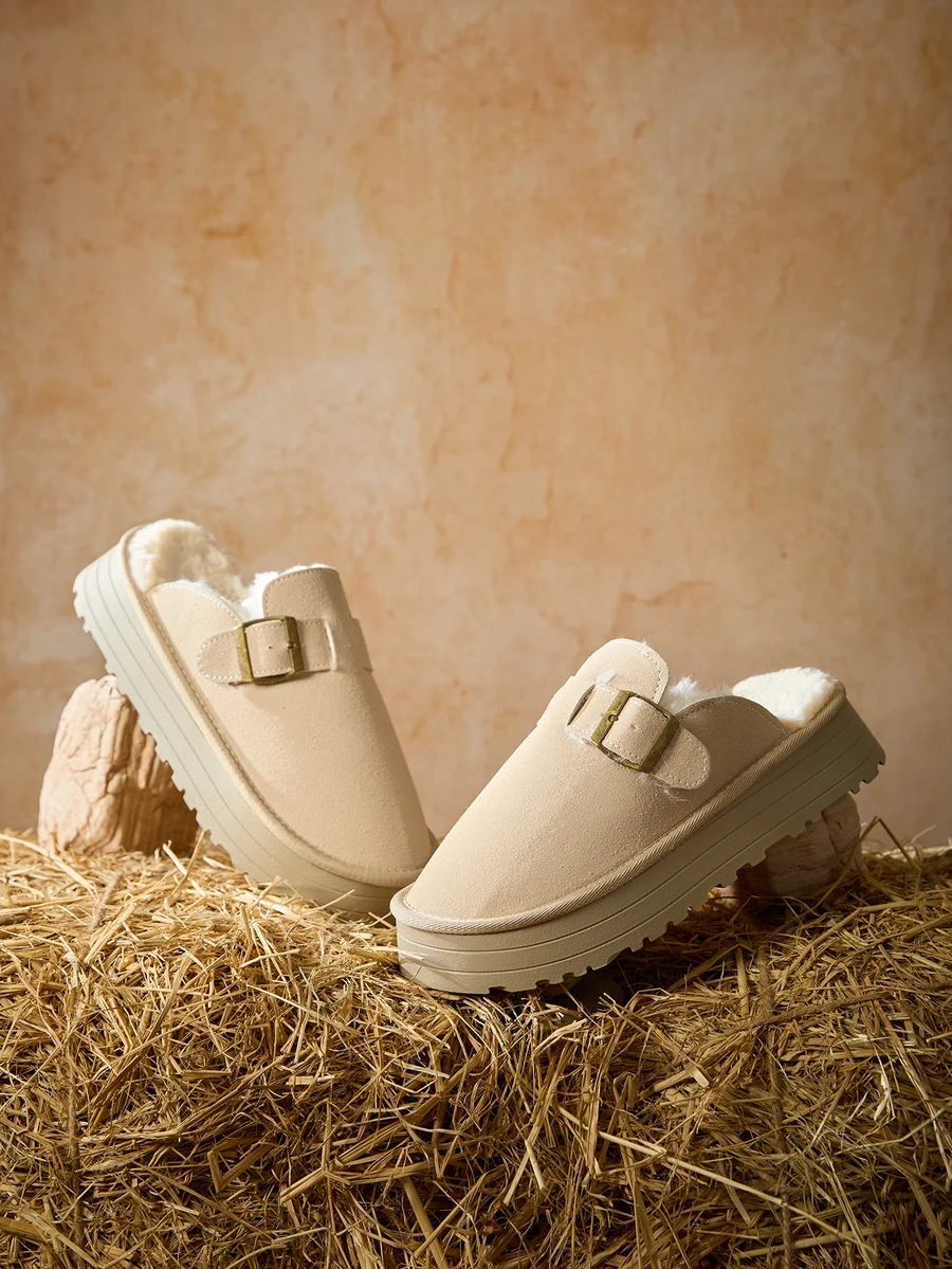 Tropiscape 秋冬季增高半斜纹外套休闲时尚百搭毛绒厚底女鞋圣诞礼物 - 卡其色 - 查看 1