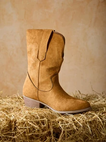 Tropiscape 时尚驼色西部靴，女士款，缝线细节仿麂皮尖头粗跟靴，圣诞节冬季圣诞礼物 - 駝色 - 查看 3