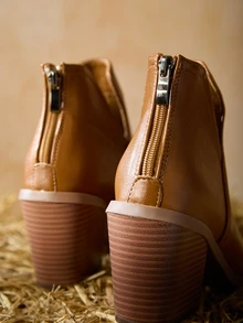 Tropiscape 2024新款法式短靴女款，英伦风秋冬新款踝靴粗跟尖头西部靴后拉链款，圣诞节/冬季圣诞礼物