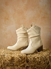 Tropiscape 1 Pair Slip-On Thick Heel Round Toe Elegant All-Match Fashion Western Cowboy Boots, Embroidered Asymmetrical Ruched Low Heel Booties For Women Winter Gifts - Beige - View 4