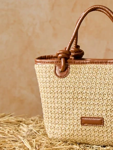 Tropiscape 2025新款度假沙滩草编手提包/单肩包，绳结编织手提篮包圣诞礼物 - 棕色 - 查看 5