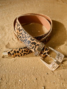 Tropiscape 1pc Floral PU Leather Casual Belt For Women, With Fashionable Metal Buckle, Studded Decoration, Versatile Everyday Wear Christmas Leopard Print Summer, School Fall, Autumn, Christmas Christmas Gifts