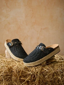 Tropiscape 2025新款编织厚底穆勒凉鞋，复古波西米亚风沙滩拖鞋，度假风渔夫鞋，女士圣诞节礼物 - 黑色 - 查看 4