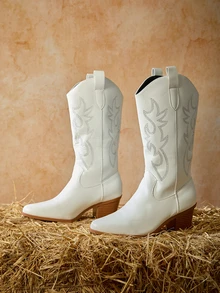 Tropiscape 女士中筒高跟刺绣粗跟V型开口时尚户外派对西部牛仔靴万圣节 - 白色 - 查看 2