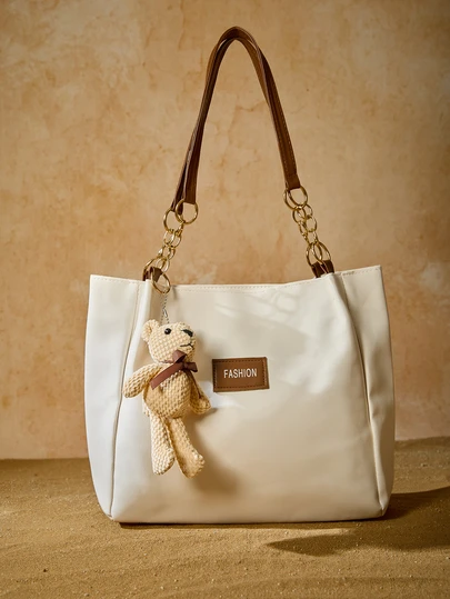 Tropiscape 链条字母贴片装饰单肩手提包，双提手，PU材质，配卡通熊包饰，母亲节礼物，大容量女士手提包，百搭轻便手提包，多功能日常包，送给老师、女士、女友和家人的最佳礼物，圣诞礼物