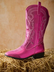 Tropiscape Women's New Vintage Embroidered Pointed Toe Western Boots Sexy Metallic Red Shiny Fabric Fashionable High Shaft Boots High Heel Thick Heel Riding Boots Fashionable Punk Rock Chelsea Boots Winter Gifts - Pink - View 2