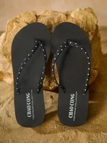 Tropiscape Women Fashionable Black And White Polka Dot Summer Shoes Casual Beach Thong Sandals With Thin Straps, Wedge Heels And Thick Platform Soles Beach Autumn Winter Gifts - Black and White - View 3