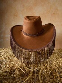 Tropiscape 波西米亚风单件装女士流苏西部牛仔帽，户外防晒，适合锐舞派对、音乐节、舞蹈表演等场合，牛仔帽，女牛仔帽，圣诞度假氛围，休闲海滩，秋季圣诞节，冬季圣诞节礼物 - 流蘇 - 查看 1