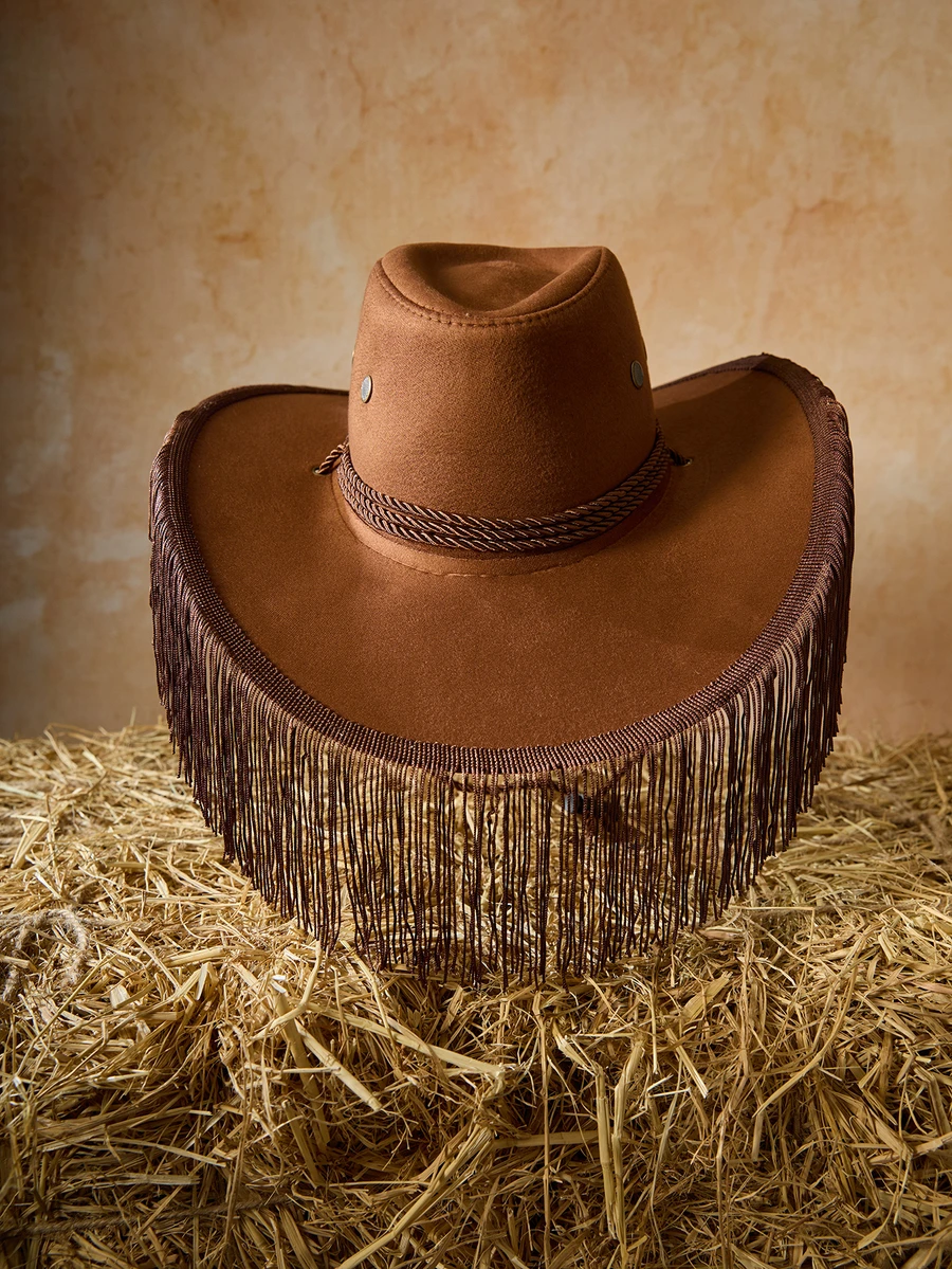 Tropiscape 波西米亚风单件装女士流苏西部牛仔帽，户外防晒，适合锐舞派对、音乐节、舞蹈表演等场合，牛仔帽，女牛仔帽，圣诞度假氛围，休闲海滩，秋季圣诞节，冬季圣诞节礼物 - 流蘇 - 查看 1