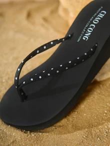 Tropiscape Women Fashionable Black And White Polka Dot Summer Shoes Casual Beach Thong Sandals With Thin Straps, Wedge Heels And Thick Platform Soles Beach Autumn Winter Gifts - Black and White - View 5