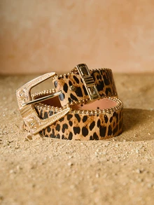 Tropiscape 1pc Floral PU Leather Casual Belt For Women, With Fashionable Metal Buckle, Studded Decoration, Versatile Everyday Wear Christmas Leopard Print Summer, School Fall, Autumn, Christmas Christmas Gifts