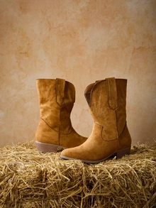 Tropiscape 时尚驼色西部靴，女士款，缝线细节仿麂皮尖头粗跟靴，圣诞节冬季圣诞礼物 - 駝色 - 查看 6