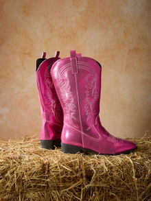 Tropiscape Women's New Vintage Embroidered Pointed Toe Western Boots Sexy Metallic Red Shiny Fabric Fashionable High Shaft Boots High Heel Thick Heel Riding Boots Fashionable Punk Rock Chelsea Boots Winter Gifts - Pink - View 5