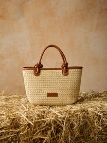 Tropiscape 2025新款度假沙滩草编手提包/单肩包，绳结编织手提篮包圣诞礼物 - 棕色 - 查看 1