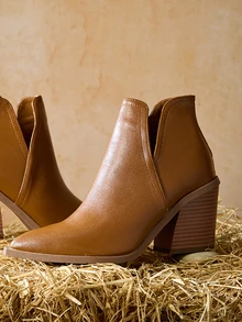 Tropiscape 2024新款法式短靴女款，英伦风秋冬新款踝靴粗跟尖头西部靴后拉链款，圣诞节/冬季圣诞礼物