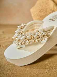 Tropiscape 女士夏季串珠拖鞋 女士户外时尚拖鞋 沙滩凉鞋 透气高跟穆勒鞋 坡跟人字拖 秋季圣诞节 冬季圣诞节礼物 - 米色 - 查看 4