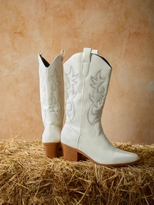 Tropiscape 女士中筒高跟刺绣粗跟V型开口时尚户外派对西部牛仔靴万圣节 - 白色 - 查看 4