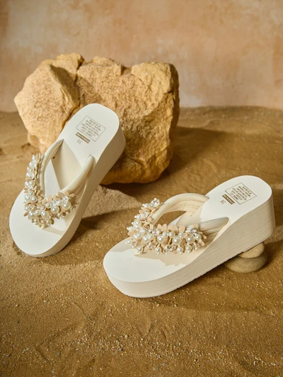 Tropiscape Slippers For Women Summer Beads Slippers Women's Outdoor Fashion Slippers Beach Sandals Heeled Breathable Mules Wedges Flip Flops Autumn Winter Gifts