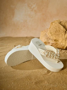 Tropiscape 女士夏季串珠拖鞋 女士户外时尚拖鞋 沙滩凉鞋 透气高跟穆勒鞋 坡跟人字拖 秋季圣诞节 冬季圣诞节礼物 - 米色 - 查看 5