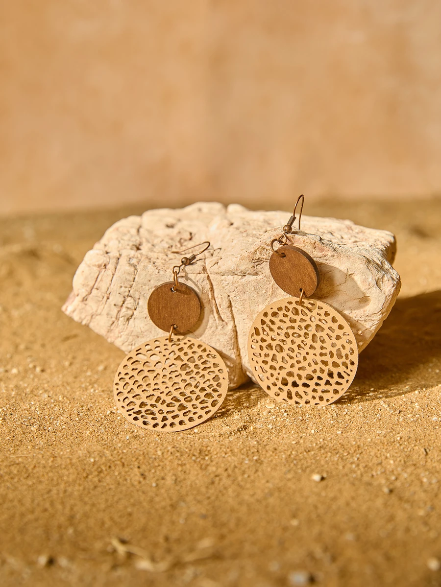 Tropiscape Hollow Out Round Decor Drop Earrings Winter Gifts Cottagecore,SummerOutfit - Khaki - View 1