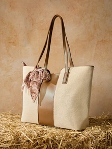 Tropiscape 女士休闲帆布拼接拉链单肩包，大容量，适合日常使用，手提包，圣诞礼物 - 棕色 - 查看 3