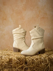 Tropiscape 1 Pair Slip-On Thick Heel Round Toe Elegant All-Match Fashion Western Cowboy Boots, Embroidered Asymmetrical Ruched Low Heel Booties For Women Winter Gifts - Beige - View 2